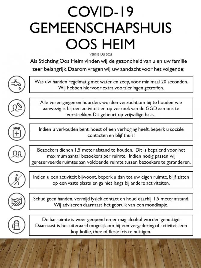 COVID-19 instructies Gemeenschapshuis Oos Heim juli 2021